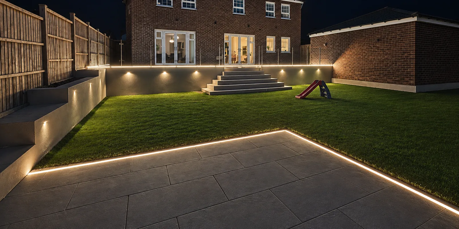 Wide view of a lit backyard patio, retaining wall and steps behind a brick home
