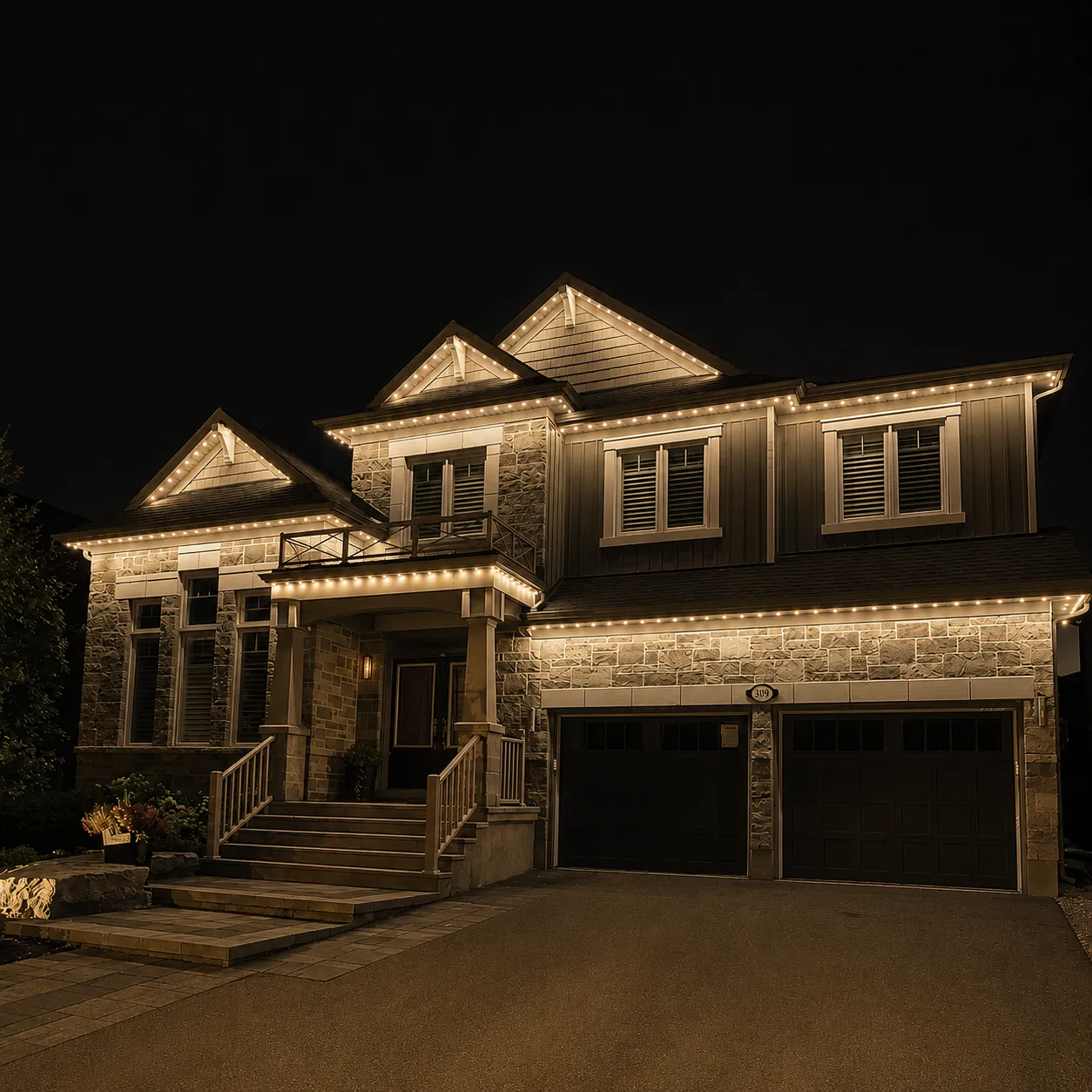 Warm white permanent roofline lighting on a stone two-storey home at night