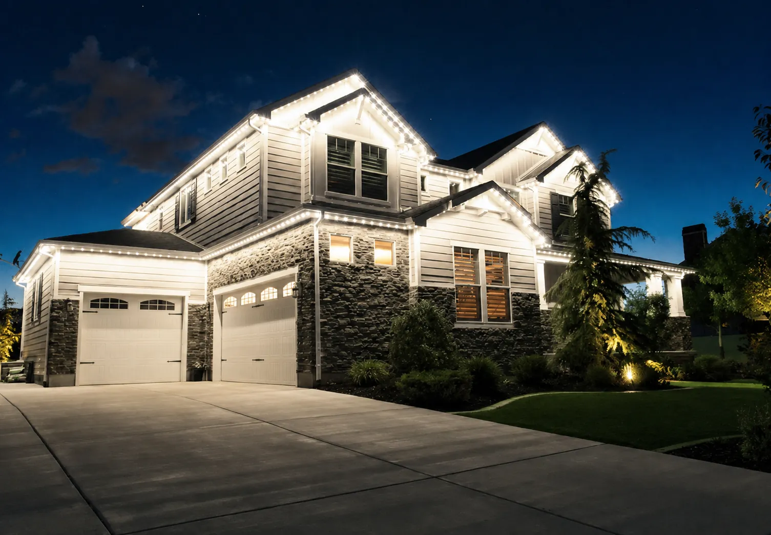 Bright white roofline lighting outlining a two-storey home and garage at night